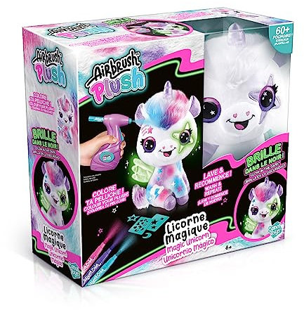 Canal Toys - Airbrush Plysch - Färg din glöd i mörkret Plysch Enhörning - Automatisk Airbrush Målarsats, Tvättbara Märkpennor, Klistermärken och Schabloner - OFG273