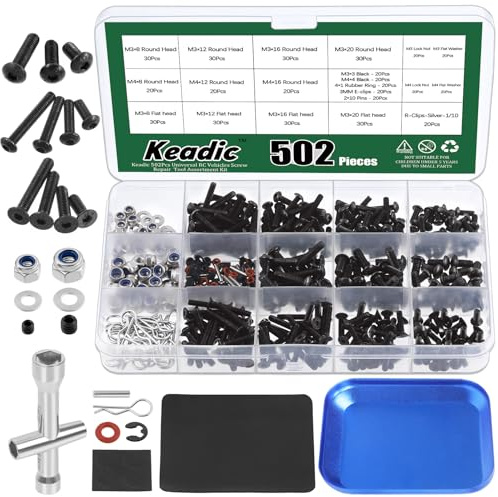 Keadic 502 Stück Universal RC Schrauben Sortiment Set, M3 M4 Sechskantschrauben, Kontermuttern Karosserie-Clips und Splinte, Reparatur-Werkzeug-Set für 1/8 1/10 1/12 Maßstab RC Autos LKW Crawler
