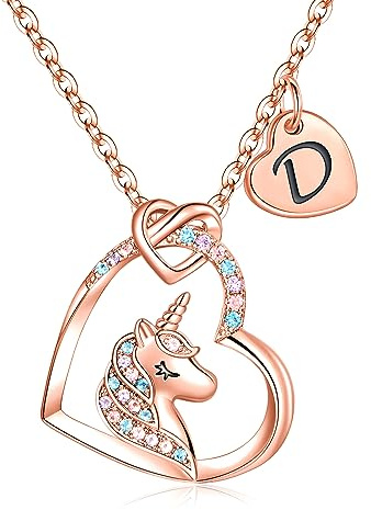 TINGN Einhorn Geschenke für Mädchen, Kette Kinder 14K Roségold Vergoldet CZ Herz Anhänger Buchstaben Halskette Mädchen 5 6 7 8 9 Jahre Einhorn Geburtstagsgeschenk für Tochter Nichte Schmuck Kinder