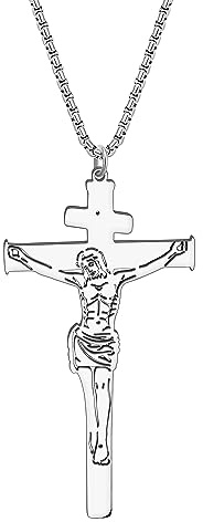 RAIDIN Collier Croix en acier inoxydable plaqué or 18K pour femmes hommes Baptême Pendentif Jésus Chrétien Bijoux Cadeaux pour filles Charms (Argent-167)