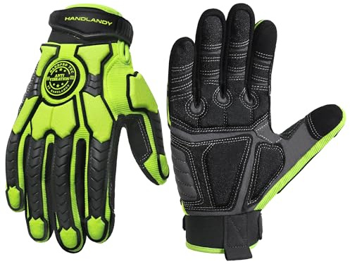 HANDLANDY Anti Vibration Gloves Men Impact Resistant Work Gloves, Padded Palm Grip Heavy Duty Working Gloves (Hi-vis Green, XL)