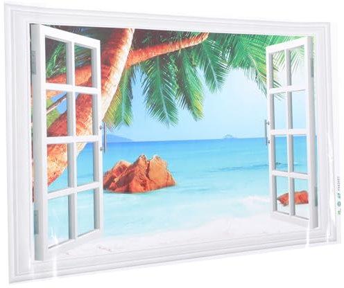 Veemoon 1 Blatt gefälschter Fensterwandaufkleber entfernbare Wandaufkleber Fensterlandschaft Wandkunst Hintergrund Frischkäse 3D-Fensteraufkleber Fenster Wandtattoo Strand PVC