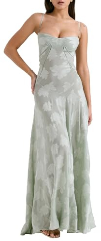 xxxiticat Robe d'été pour femme - Style bohème - Col floral - Robe maxi - Taille haute - Volants - Plage, Gris vert, S