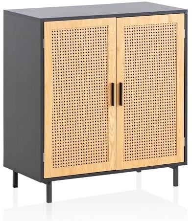 FineBuy Sideboard 80x86,5x40 cm Kommode Schwarz mit Wiener Geflecht, Hoher Kommodenschrank Zeitlos, Standschrank Wohnzimmer mit 2 Türen, Anrichte Rattan