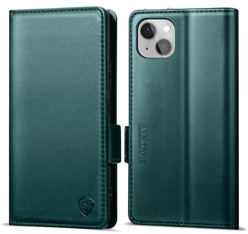 CASBST Handyhülle für iPhone 14 Hülle Premium Leder Schutzhülle Klappbar mit Kartenfach Ständer Magnet für iPhone 14 Handytasche mit RFID Kameraschutz Flip Case Klapphülle für iPhone 14 Blaugrün