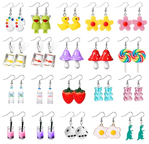 PHOGARY 20 Paar Lustige Ohrringe für Frauen, Sommer Damen, Bubble Tea, Gummibärchen, Bunt Süße Harz Tropfen Set für Mädchen