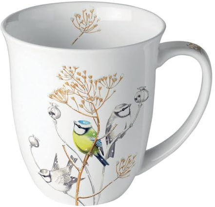 Ambiente Kaffeetasse Tee Tasse Henkelbecher 0,4 l Vögel Gräser in dezenten Farben Fine Bone China Porzellan serie sweet little bird