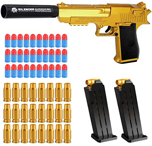 Spielzeug Pistole,Wüstenadler Spielzeug Pistole,Spielzeug Pistole mit Schalldämpfer,2 Plastik Magazin,30 Kugeln und 24 Patronenhülse,Jungen ab 6 Jahren (Gelb)