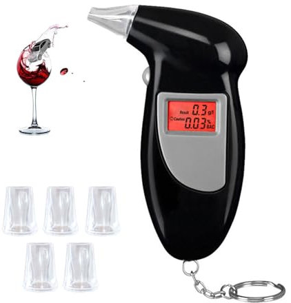 Alkoholtester Polizeigenau, Tragbarer Alkoholmessgeräte, Promillemessgerät mit Digitaler LCD-Anzeige und Halbleiter Sensorik, Atemalkohol Messgerät enthalten 5 Mundstücke, für Zuhause oder Party