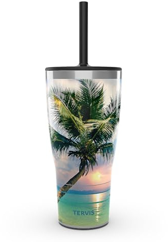 Tervis Traveler Sunset in Paradise Triple Walled Insulated Tumbler Travel Cup Keeps Drinks Cold & Hot, 30oz with Straw Lid, Stainless Steel