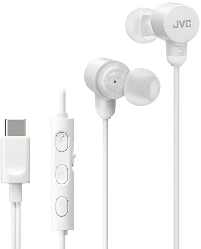 JVC HA-FR29UC-W - USB-C Ohrhörer, DA-Wandler, Hi-Res-Audio, Mikrofon mit Stummschaltung, Bequeme Silikon-Ohrstöpsel, 3-Tasten-Fernbedienung, Plug & Play für PC/Smartphone/Gaming, Farbe Weiß