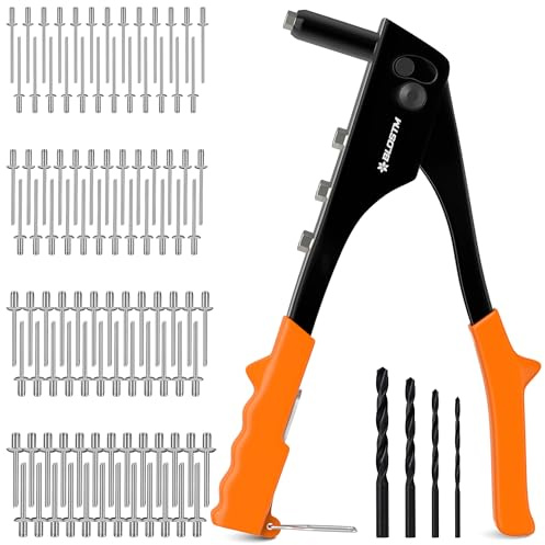 BLOSTM Kit Rivettatrice a Mano con 100 Rivetti in 4 Misure (Arancione) | (2,4mm, 3,2mm, 4mm, 4,8mm) Rivettatrice Manuale, 4 Punte per Rivetti, 4 Punte Trapano per Metallo, Plastica, Riparazioni Auto
