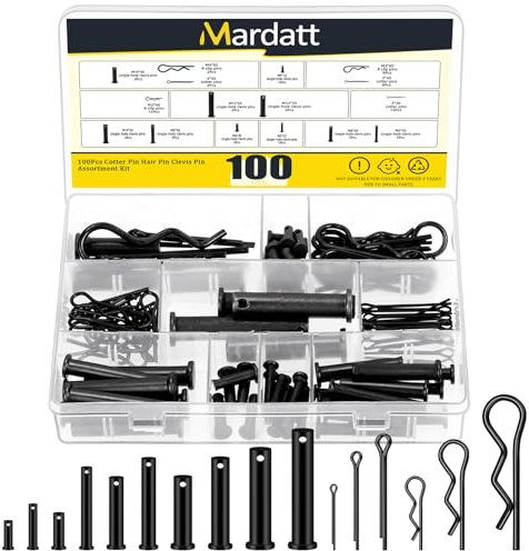 Mardatt 100 Stück Kohlenstoffstahl Clevis Pin Splint R Pin Sortiment Kit, enthalten 10 Größen M5 M6 M8 M10 M12 Flachkopf Single Hole Clevis Pins und M2 M3 M4 Split Splinte / R Clips