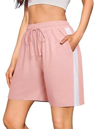 Litherday Sommarshorts för dam 100 % bomull lösa sportshorts med fickor med ventilerande hög midja för jogging cykling yoga fitness casual S-XXL, Rosenröd, M