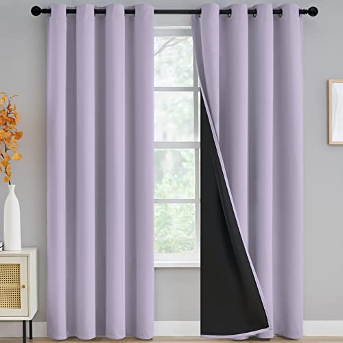 100% Blackout Window Curtain Panels for Bedroom, Heat and Full Light Blocking Drapes with Black Liner for Nursery, Thermal Insulated Solid Grommet Drapes for Living Room, 2 Panels, 52Wx84L, Lilac