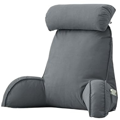 Lesekissen mit abnehmbarer Kopfstütze und Seitentasche, Bettstuhlkissen mit Armen für Lendenwirbel-/Nackenstütze, ergonomisches Kissen zum Sitzen im Bett, Sofa, Büro (75 × 40 × 50 cm) (Grau)