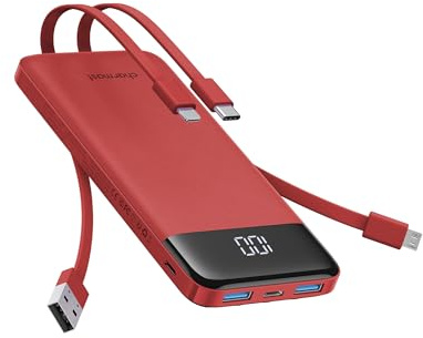 Charmast Portable Charger, 10000mAh Power Bank with Built in 4 Cables | Slim USB C Battery Pack 6 Outputs 3 Inputs, LED Display, Flight-safe Travel Powerbank compatible with iPhone 17/Android/iPad