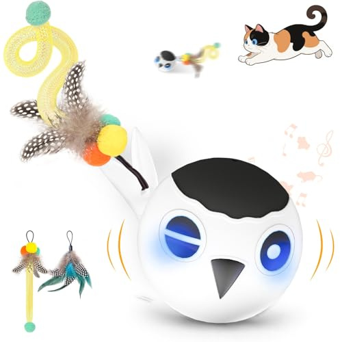 Zeepet katzenspielzeug Ball, Interaktives Katzenspielzeug, katzenball elektrisch, Automatisch Beweglicher Vogelball mit 2 Federschwänzen, Berührungsaktivierung, Mehrere Zwitschertöne