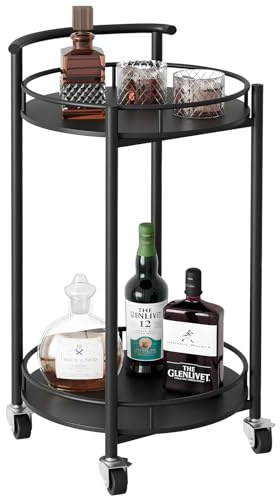 Azheruol Bar Cart Black Rolling Cart for Home,2 Tiers Bar Serving Cart Round Wine Cart with Handle, Metal Wine Rack and Casters, Serving Bar Trolley for Home Kitchen,Living Room,Christmas,New Year