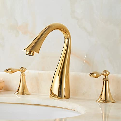 European Style Three-Hole undermount Basin hot and Cold Water Faucet Golden Brass washbasin washbasin washbasin Faucet, Golden Horn swan Model