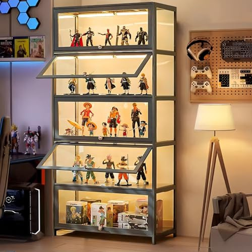 Scribora Vitrinen, Glasvitrine für Sammlerstücke & Pokal, 5 Etagen Vitrine, Bücherregal, Aufbewahrungsschrank für Wohnzimmer, Schlafzimmer, Büro (Graue Klapptür)
