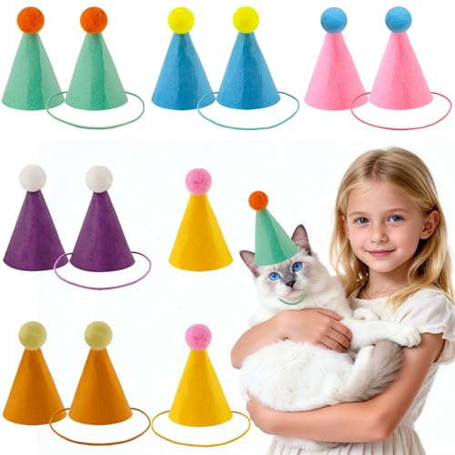 Morofme Mini Partyhüte 12 Stück, Wiederverwendbar Partyhüte für Kuscheltiere, Verstellbar Filzstoff Kegel Party Hüte mit Elastische Seil für Hunde Katzen Viele Tier Geburtstagparty Dekor