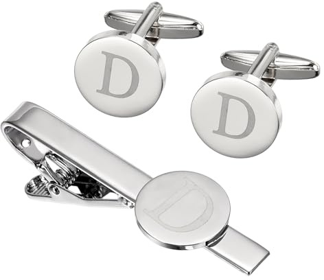 PATIKIL Set Manschettenknöpfe und Krawattennadel mit Initiale für Herren, Buchstabe D, graviert, Geschenk für Vater, Ehemann, Herren, Business (Silberton)