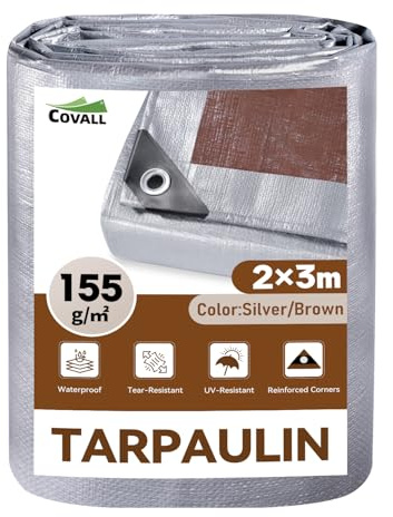 COVALL 2m x 3m Heavy Duty Tarpaulin, 155gsm Waterproof Camping Tarp | Camping Garden Roof Waterproof Tarp, UV Resistant Tear Proof with Reinforced Grommets (Silver/Brown)