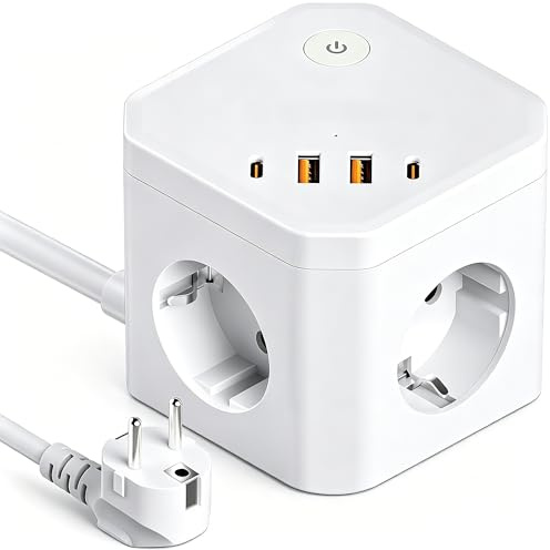 Regleta 8-en-1 con USB-C Carga Rápida 20W y Protección Sobretensión, 4 Enchufes con Interruptor 3680W, Cable Alargador, para Casa Oficina y Viajes