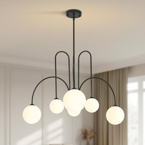 KCO Sputnik Deckenleuchte 6-flammig Schwarz Industrial, Kristallglas-Kugeln mit warmweißem LED Licht 3000K, höhenverstellbar, G9-Fassung für Wohnzimmer und Esszimmer