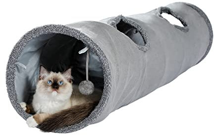 OHANA Schön Faltbar Katzentunnel Katzenspielzeug mit Ball Rascheltunnel für Katzen Welphln Kaninchenoder Kleintiere Grau 130 * 30cm