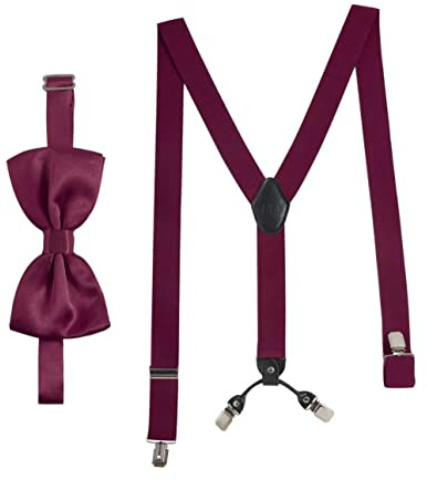 Massi Moriono Juego de tirantes con pajarita Vino Rojo para hombre y mujer I Tirantes elásticos en forma de Y con pinzas extra fuertes - 3,5cm de ancho - longitud ajustable I Corbata preatada para tra