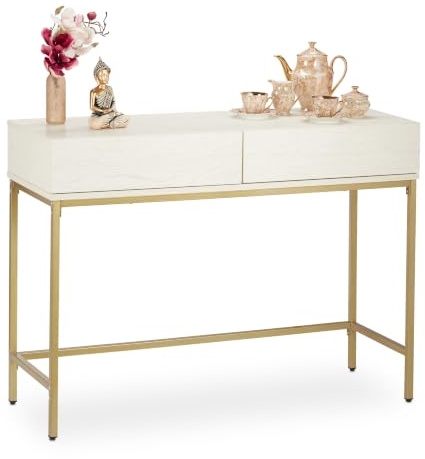 Relaxdays Konsolentisch, 2 Schubladen, Sideboard Flur, Wohnzimmer, Ablagetisch Holzoptik, HxBxT: 80x110x40 cm, weiß/gold