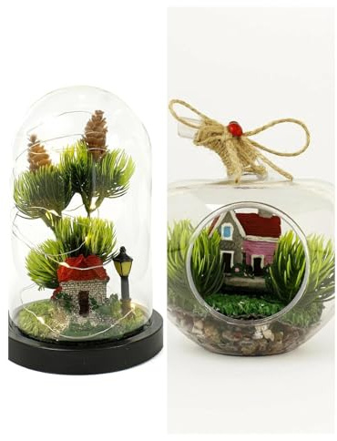 Deko-Set Glasglocke mit Haus & Bäumen + Gartenhaus Terrarium – Handgefertigte Dekoartikel, Romantische Geschenkidee für Frauen, Valentinstag, Muttertag, Weihnachten & Tischdekoration
