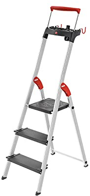 Hailo Stehleiter Topline, 3 XXL-Sicherheits-Stufen bis 150kg, Kleine Leiter mit ausziehbarem Haltebügel & Plattformverriegelung, klappbare Aluleiter, Schwarz, Aktuelles Modell L100, Made in Germany