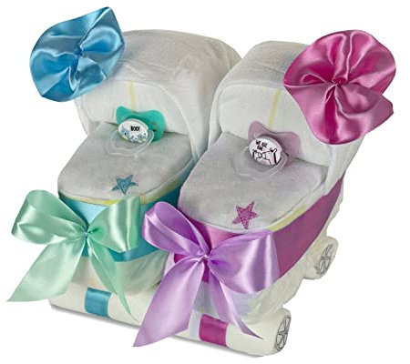 dubistda© Torta di pannolini passeggino gemellare, colore blu/rosa, regalo per fratelli gemelli, carrozzina per pannolini + 2 pezzi (rosa/blu)