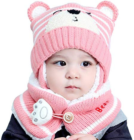 TAIPPAN Baby Mütze Ohrklappen Hut - Säugling Kleinkind Mädchen Jungen Weich Warm Strick Hut Kinder Winter Hut mit Schal