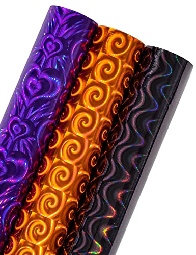 LeZakaa Holografische Halloween-Geschenkpapierrolle, violettes Herz/orangefarbene Spiricle/schwarze gewellte Streifen, gruseliges Design für Halloween, Valentinstag, Geburtstag, Urlaub, 43,2 x 304,8