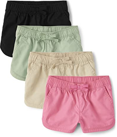 The Children's Place Baby Toddler Girls Cotton Pull on Shorts, Pink/Straw/Green/Black 4-Pack, 4T