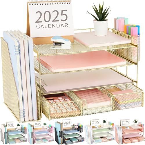 gianotter Organizador de bandeja de papel para cartas con soporte para archivos, accesorios de escritorio de 4 niveles y organizadores de espacio de trabajo con cajón y 2 soportes para bolígrafos,