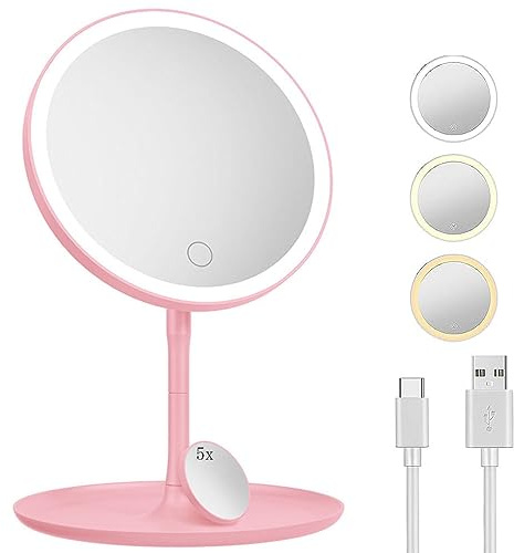 Aeetial 17,8 cm LED-Make-up-Spiegel mit 3-farbiger dimmbarer, wiederaufladbarer Tischspiegel mit rundem Tablett und 5-facher Vergrößerung, Taschenspiegel, Helligkeit, verstellbar, modische Geschenke