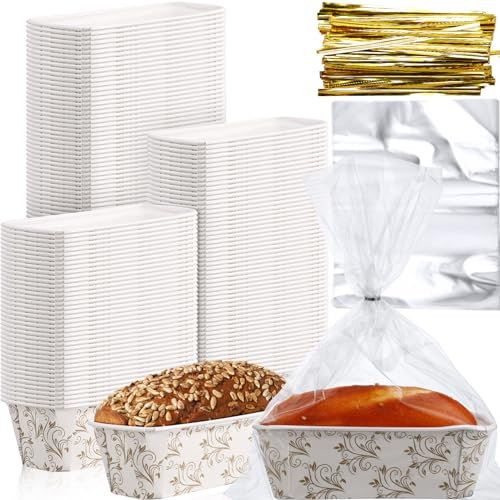Maxcheck 100 Pcs Paper Loaf Pans 6.3 x 2.2 x 2.2 Inch Disposable Loaf Pan Liners with Clear Plastic Bags and Ties Paper Rectangle Baking Mold for Bread Cake Bakery(White)