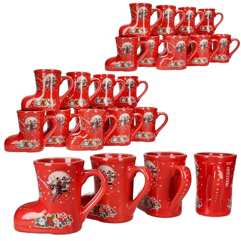 MamboCat 20er Set Glühweinstiefel rot mit Henkel I 200ml geeicht I Glühweinbecher mit Weihnachtsdekor & Schriftzug für 20 Personen I Keramik-Tasse für Tee, Eierlikör, Feuerzangenbowle