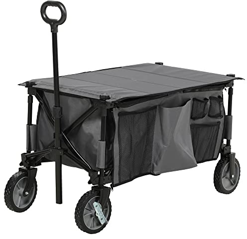 Outsunny Folding Garden Trolley, Cargo Trailer on Wheels, Collapsible Camping Trolley with Collapsible Board, Outdoor Utility Wagon with Steel Frame and Oxford Fabric, Dark Grey