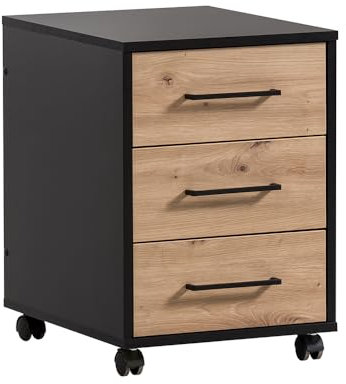 Lomadox Büro Rollcontainer, matt schwarz mit Eiche, mit 3 Schubladen, rollbar