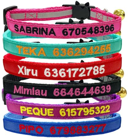 Collare per gatti personalizzabile, in nylon, staccabile, con nome dell'animale domestico e numero di telefono, regolabile con campanello (fibbia staccabile)