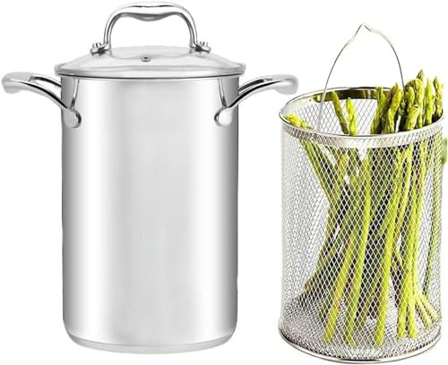 WQZStar Pots à pâtes Pot à asperges haut avec panier et couvercle en verre, cuiseur à vapeur pour asperges et légumes en acier inoxydable, poêle à frire profonde, cuiseur à pâtes