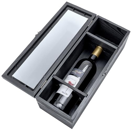 MyGift Wine Bottle Gift Box with Translucent Black Acrylic Window, Decorative Wine Holder Display, Whiskey Collector Storage Case with Metal Latch Closure, Rustic (Black)