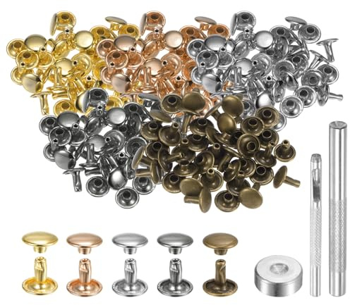 QUARKZMAN 100 Sets 9mm x 8mm Leder Nieten, Metall Doppelkappe Nieten Tubular Runde Druckknöpfe mit 3 Stück Werkzeugen für Handwerk Reparatur Dekoration Gürtel Kleidung (Mehrfarbig)