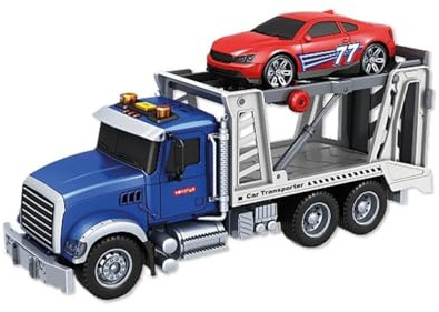 JUGATOYS - Camion Portaauto giocattolo - Trasporto di auto con stoccaggio - con luci, suoni e auto incluse - Misura 35 cm - Giocattolo per bambini a partire da 3 anni - Gru per veicoli